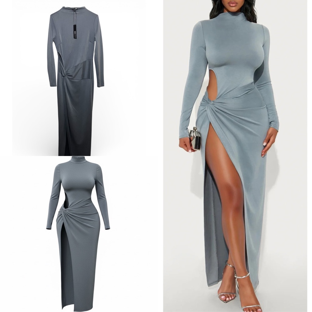 Fashion Nova Cut-Out Maxi Dress NWT | Slate Blue Bodycon Slit Gown - Size L
